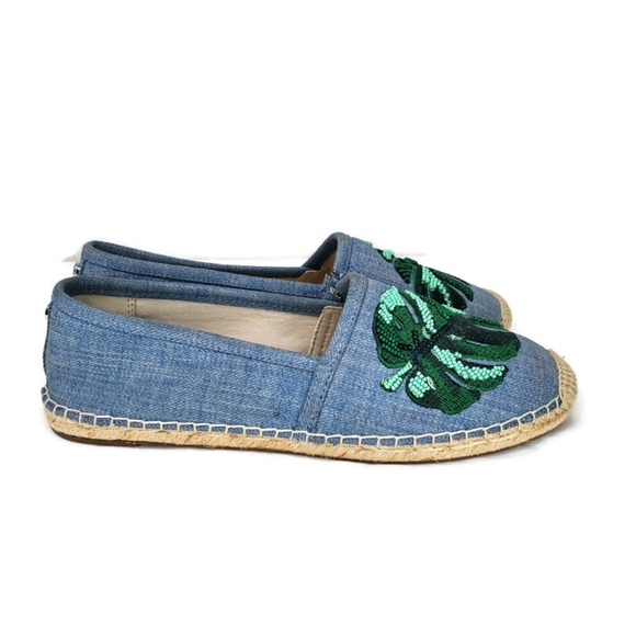Michael Kors Kendrick Slip On Espadrille Flats Washed Denim Beaded Palm Size 6.5 - Picture 5 of 12